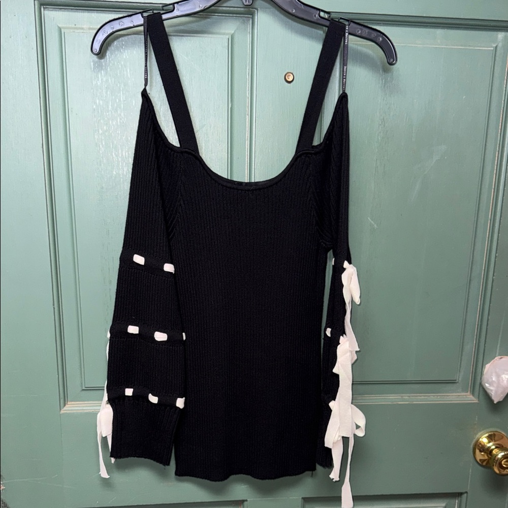 Dance & Marvel Black Cold Shoulder Top with White Ties